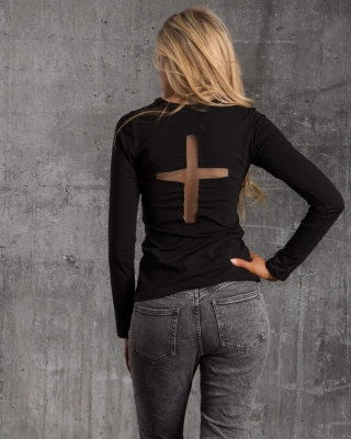 Bluză cu accent din tul Omega, Negru Culoare